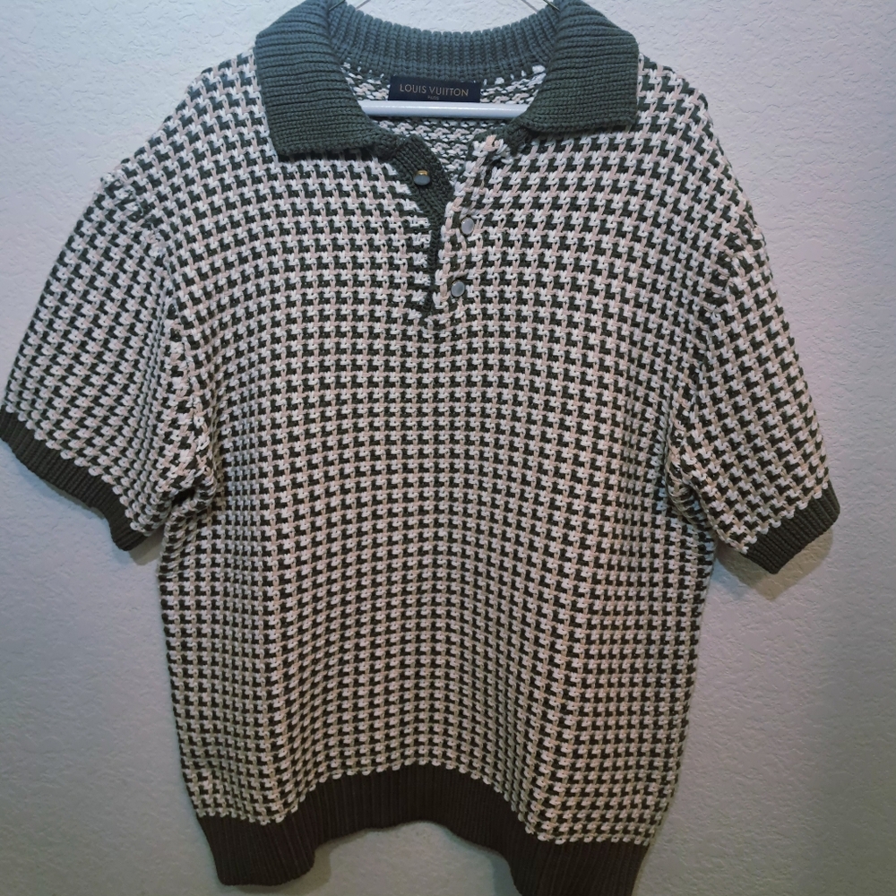 Louis Vuitton Knitted 100% Cotton Olive/Tan/White Heavy & Thick Polo T-Shirt XL